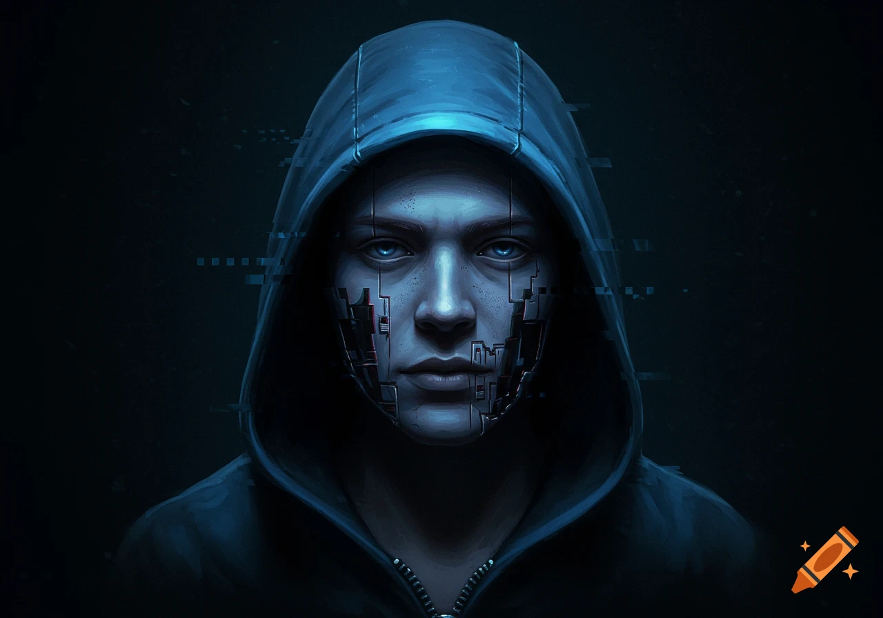 A hooded figure with a glitched, pixelated face