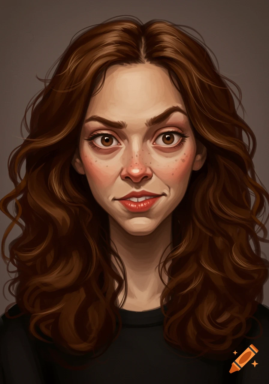 Portrait of a young woman with curly brown hair and freckles
