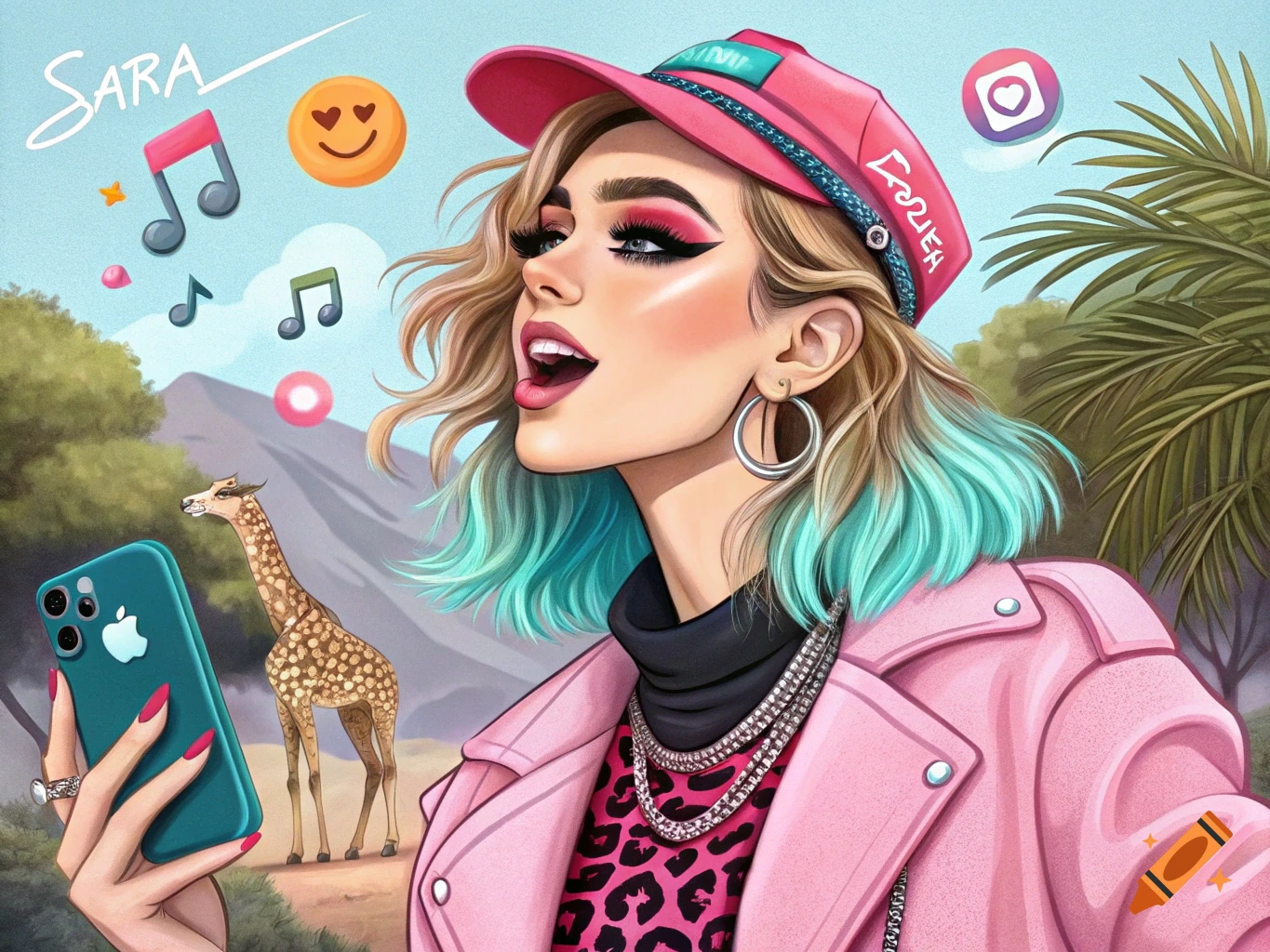Stylized illustration of a woman with blue-tipped hair holding a phone, with a giraffe and music notes.