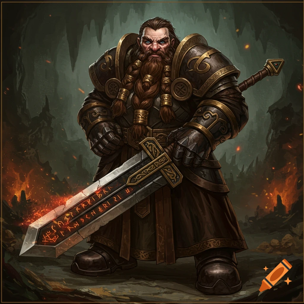 A fantasy dwarf warrior in armored robes holding a large sword in a cavern.