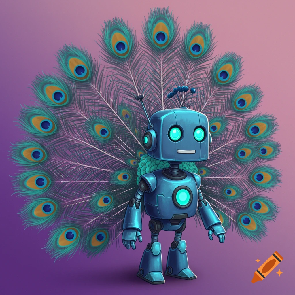 A cute blue robot stands with peacock feathers fanned out behind it.