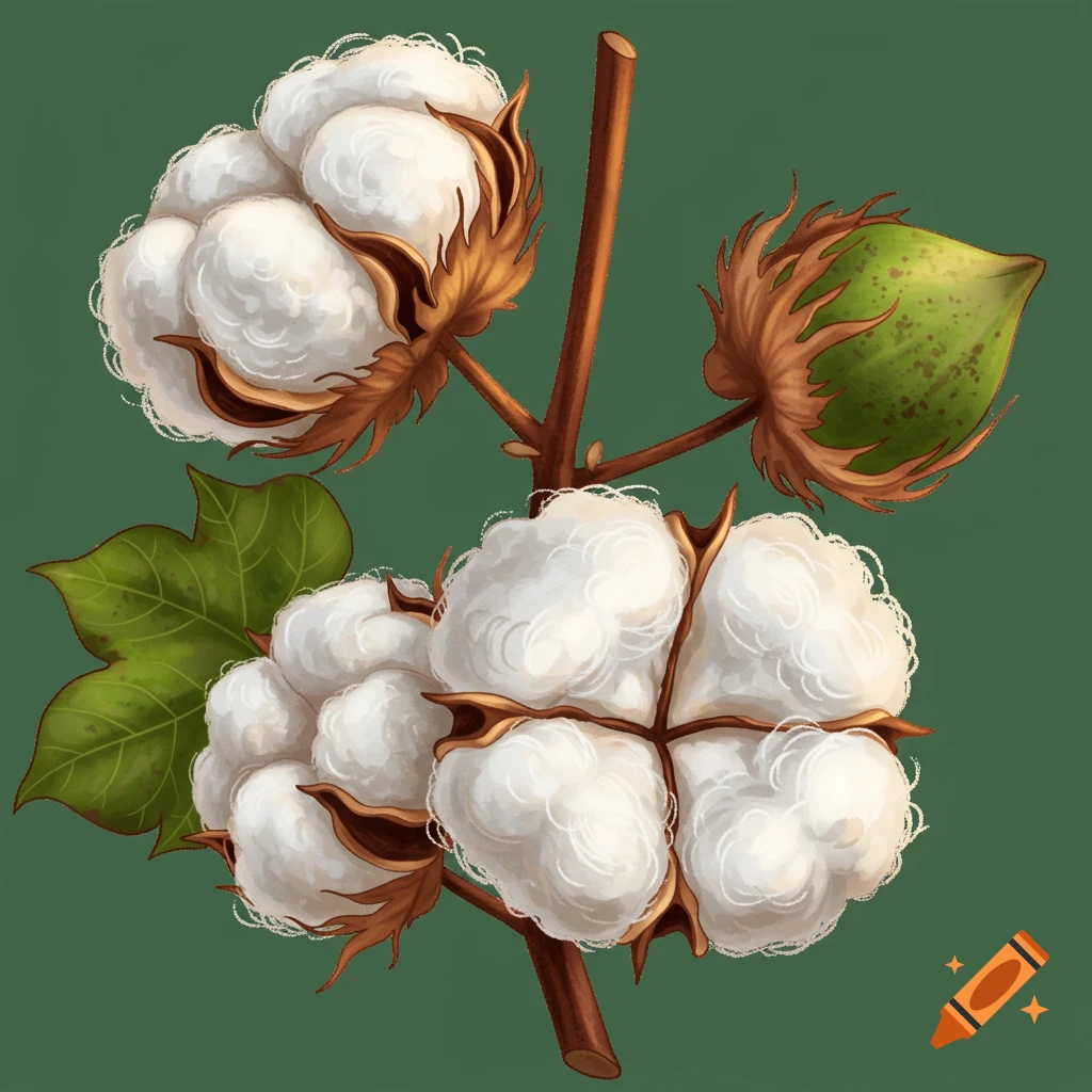 A detailed image of a cotton plant branch with open cotton buds and a green boll against a dark green background.