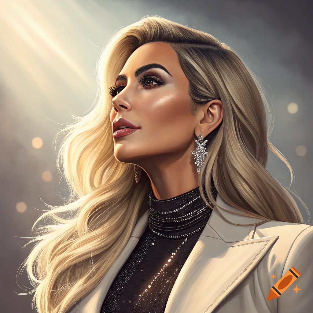 Portrait of a woman with long blonde hair, wearing a black sparkly top and white blazer, looking up with dramatic lighting.