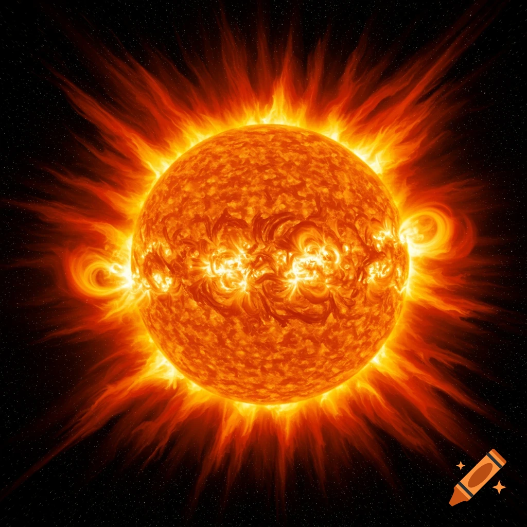 The sun with solar prominences.