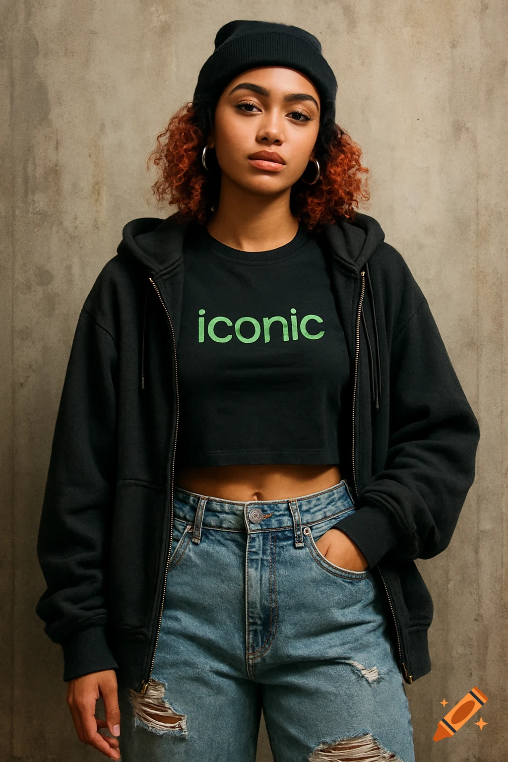 A young person wears urban streetwear, including a beanie and crop top with the word 'iconic'.