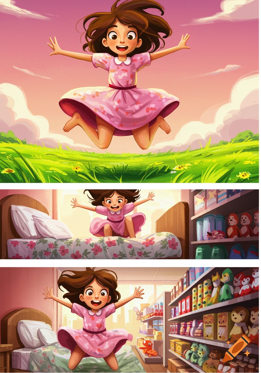 A vibrant illustration of a young girl joyfully jumping in three scenes: a field, a bedroom, and a store.