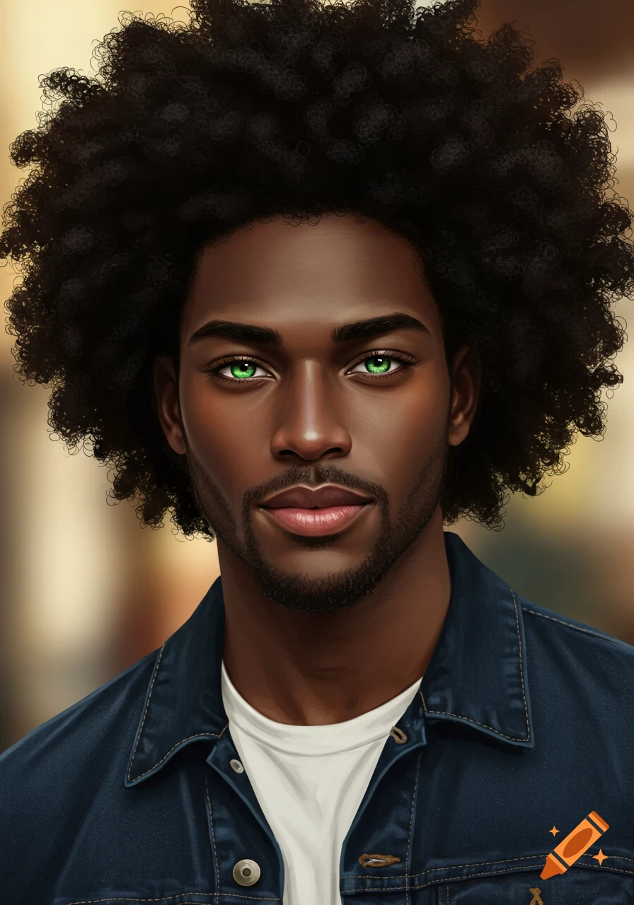 A portrait of a man with dark skin, green eyes, and afro hair, wearing a denim jacket.