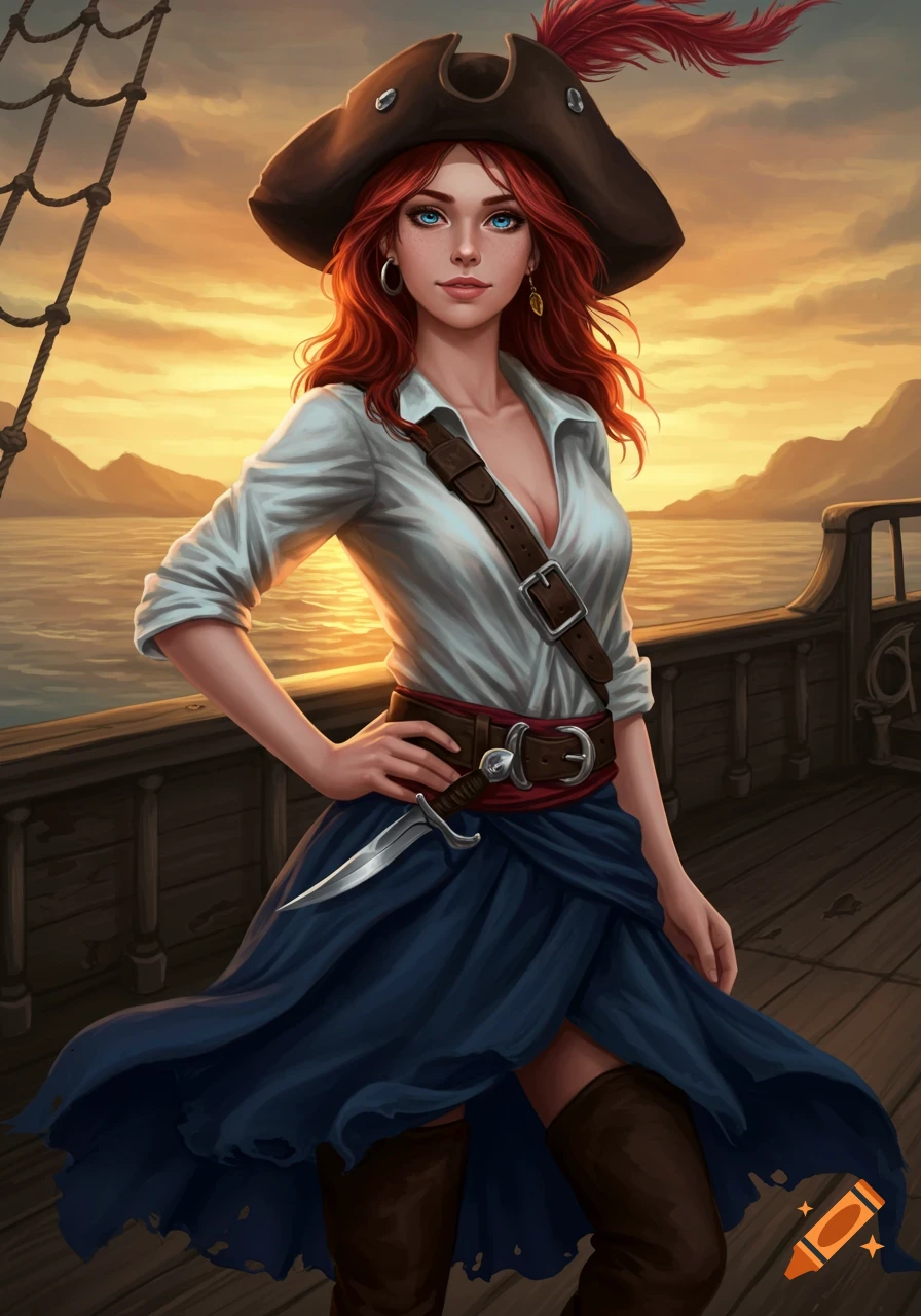 A red-haired female pirate in a hat, open white shirt, and blue dress stands on a ship deck at sunset.