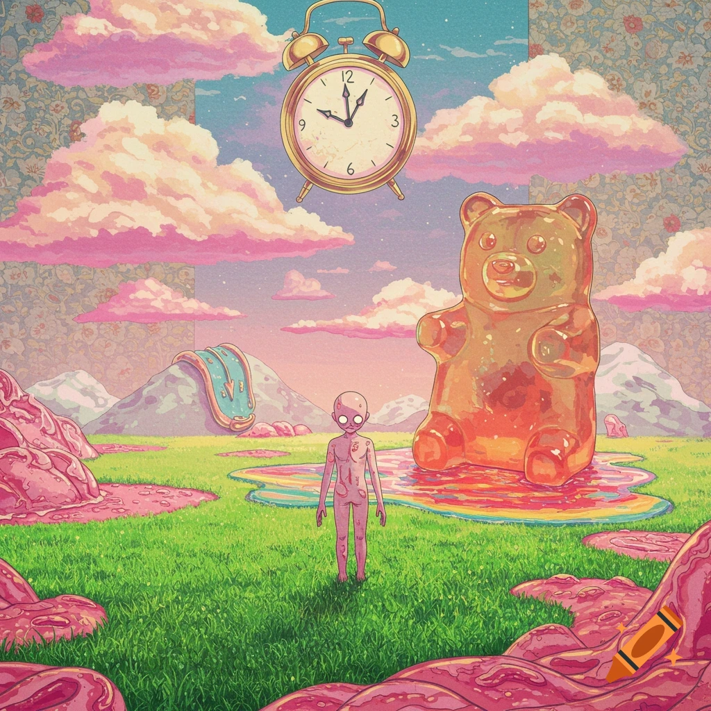 Surreal landscape with a giant gummy bear, small figure, melting clock, and alarm clock in the sky.
