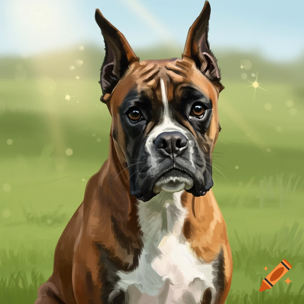 A Boxer dog is sitting in a grassy field.