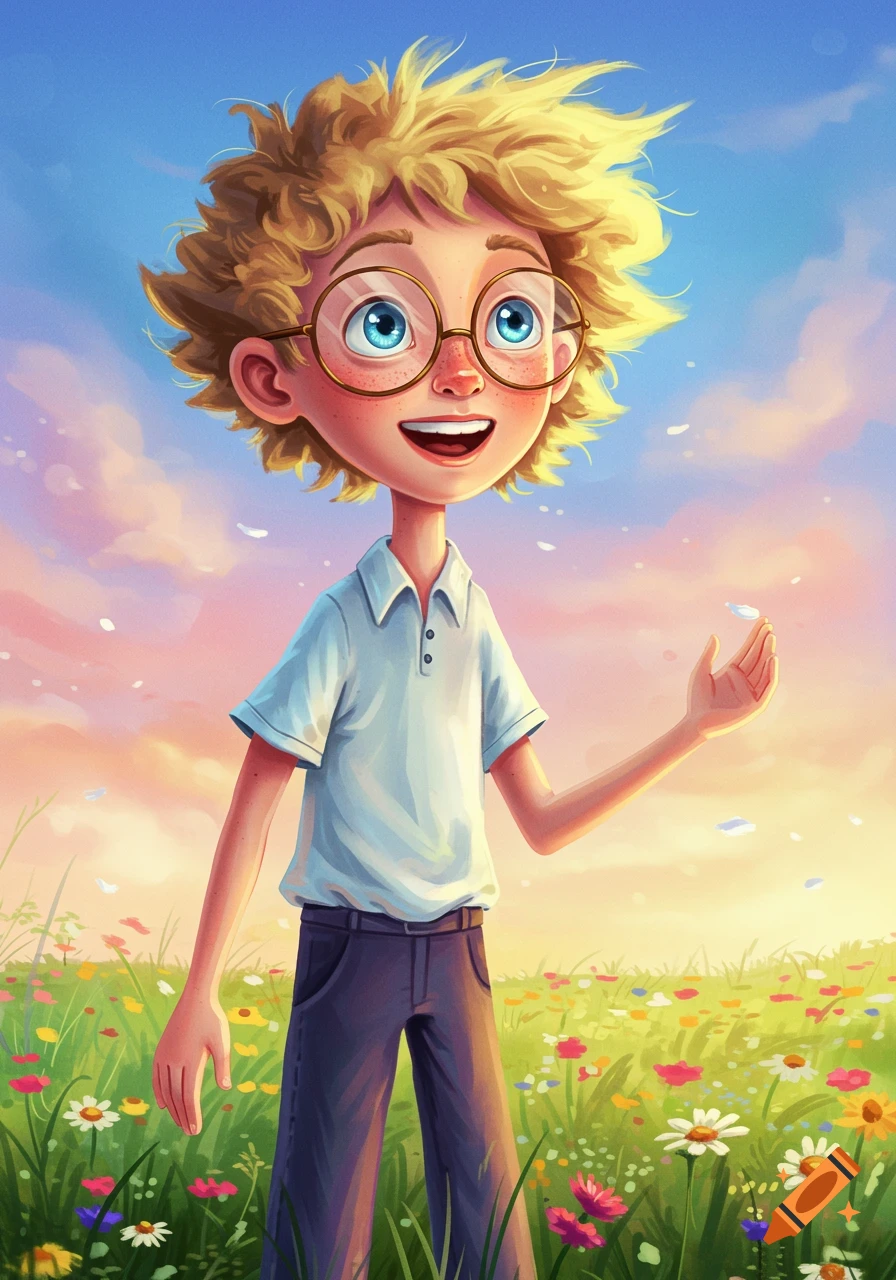 Cartoon boy in glasses in a field of flowers under a colorful sky, digital art.