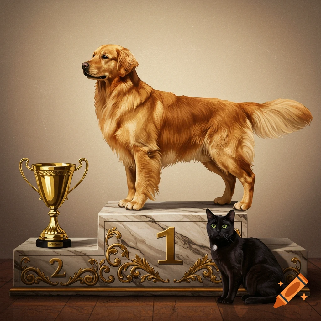 A golden retriever stands on a first-place podium with a trophy and a black cat.