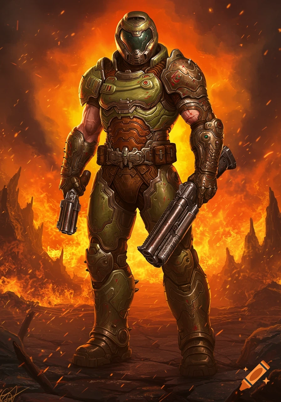 A character in green armor holds weapons in a fiery hellscape.