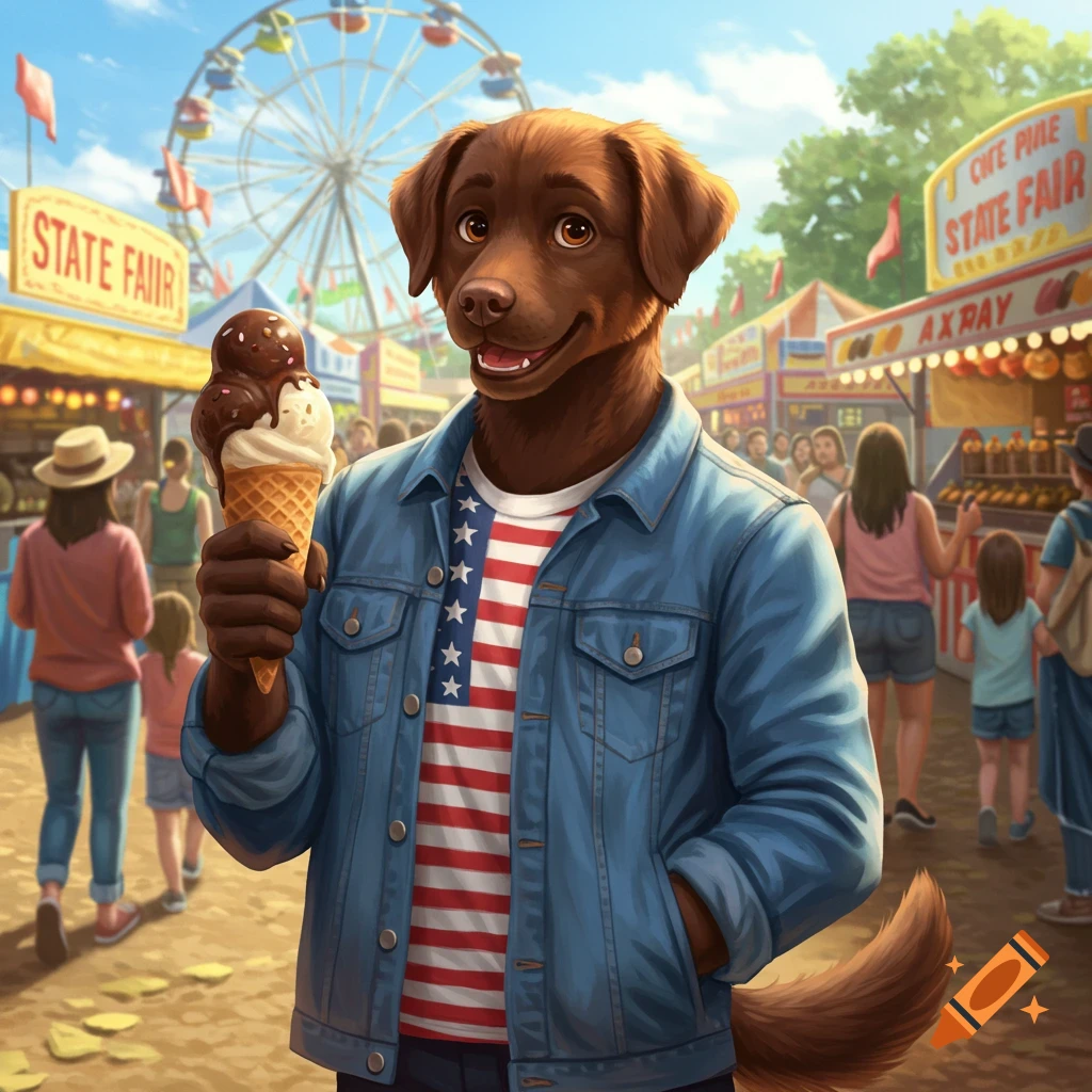 Anthropomorphic chocolate lab holding ice cream cone at a state fair.