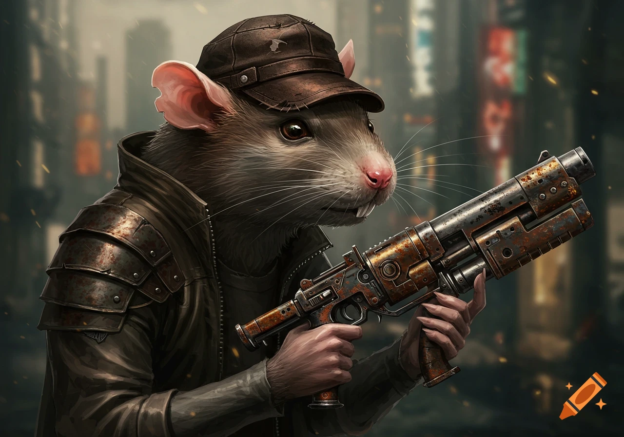 A humanoid rat wearing a cap and holding a rusty weapon in a city.