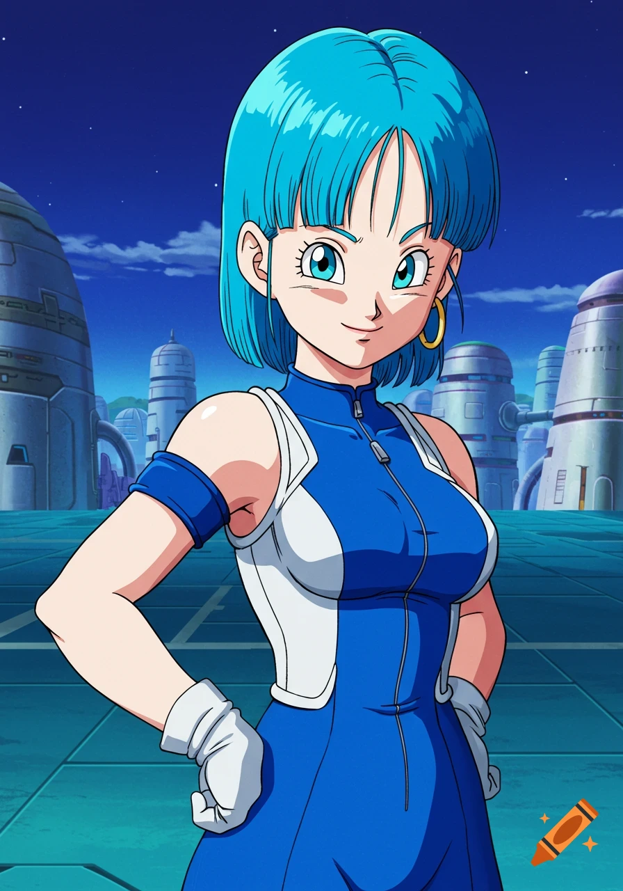 Anime illustration of Bulma from Dragon Ball wearing a blue and white suit in a futuristic city.