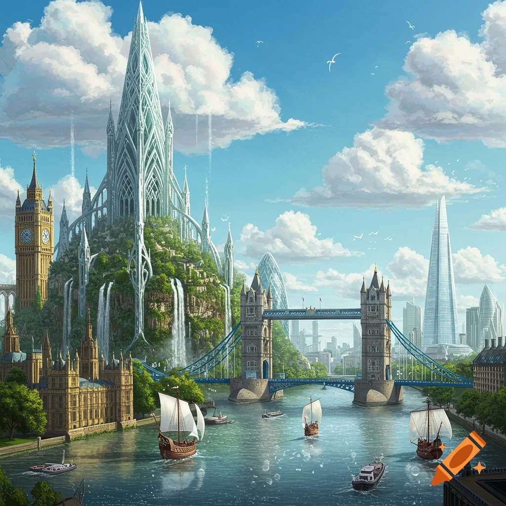 A fantasy London cityscape with towering elven architecture and waterfalls integrated alongside familiar landmarks like Big Ben and Tower Bridge, with boats on the river.