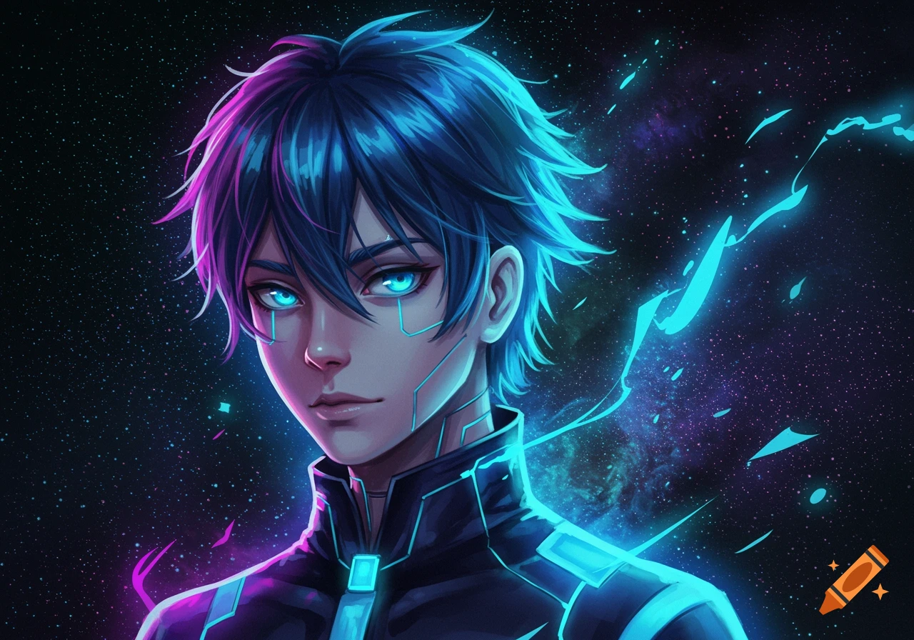 Anime style portrait of a futuristic person with glowing blue eyes in space.