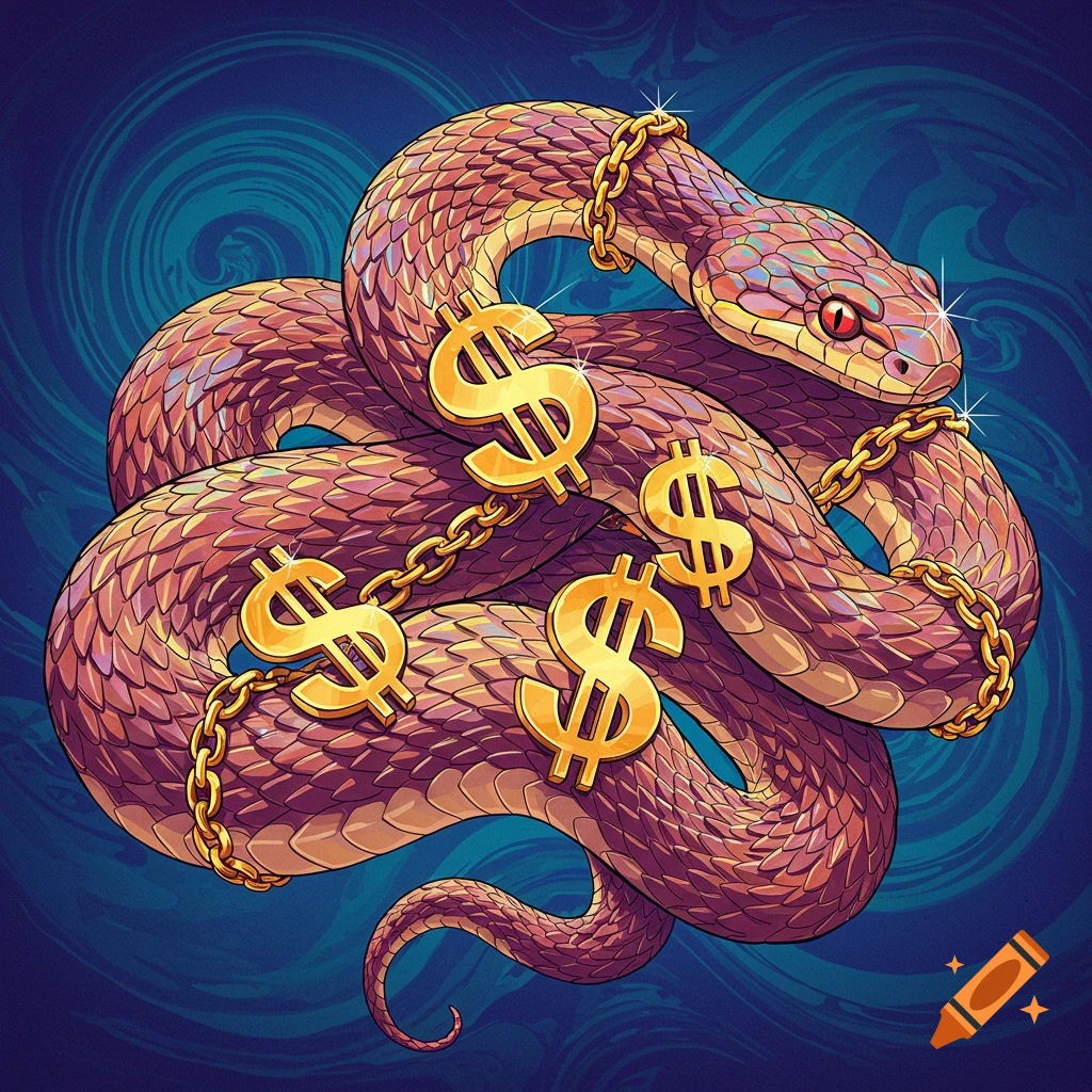 A stylized image of a snake coiled and wrapped in golden chains and large golden dollar signs.