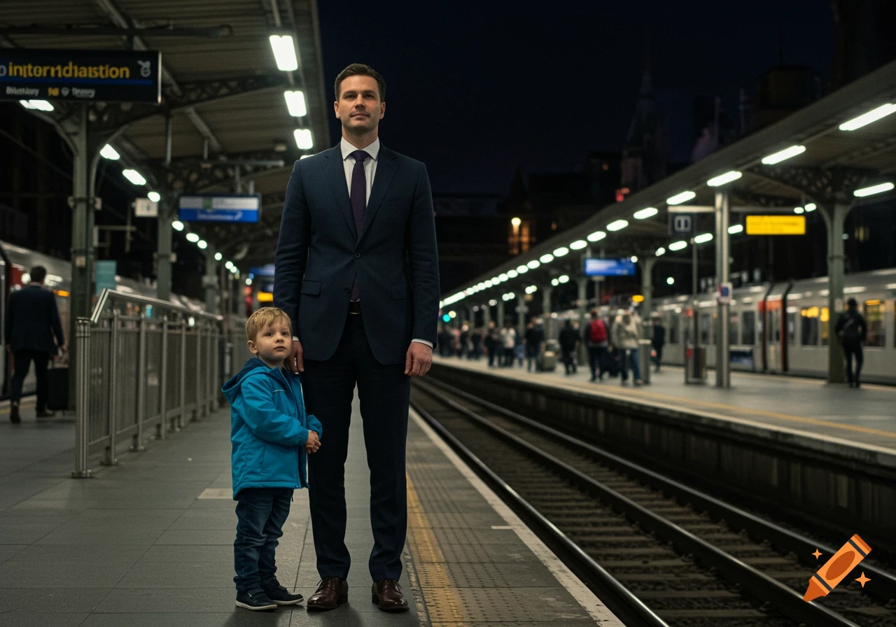 Cinematic photo of a man and a boy standing on a train station platform at night.