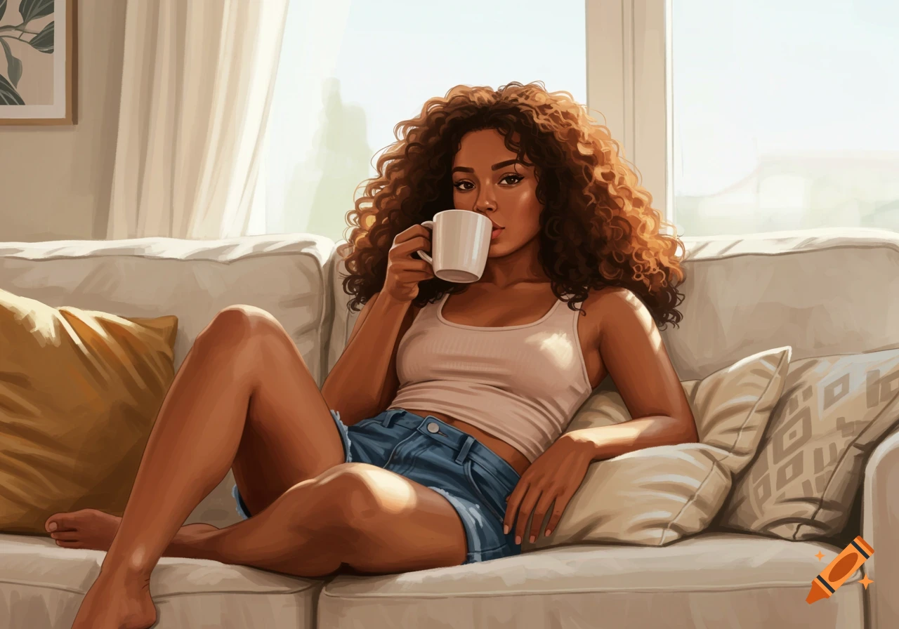 A woman relaxing on a couch with a mug.