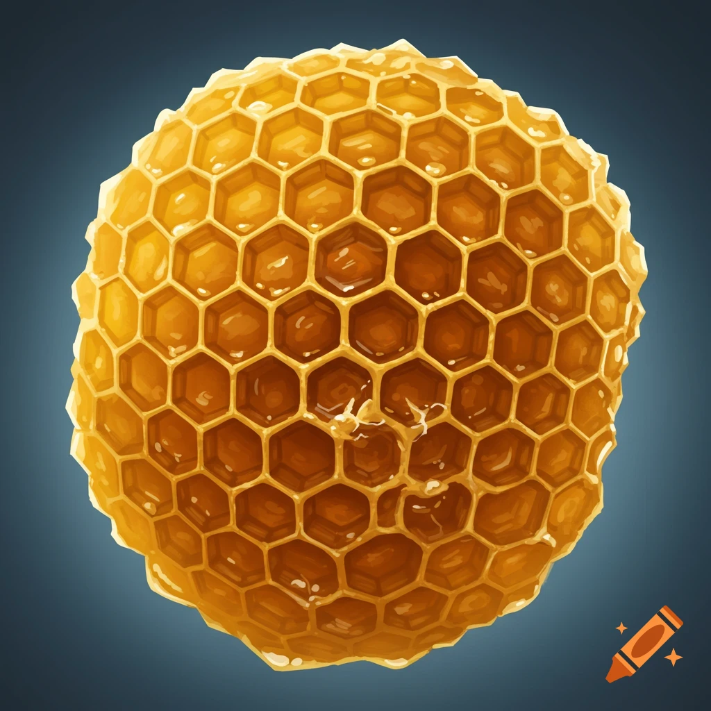 A spherical honeycomb filled with honey on a blue background.