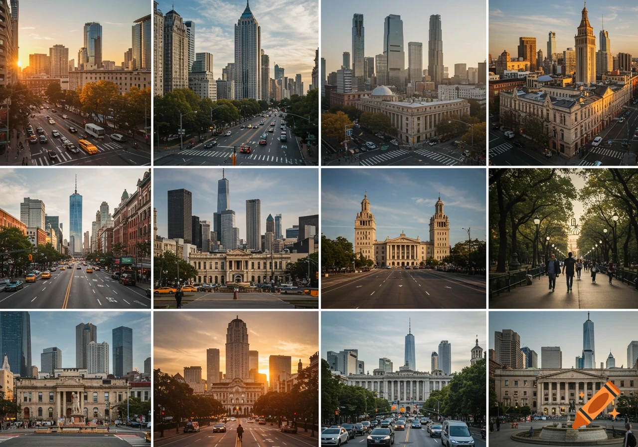 A grid of cityscape photos showing buildings, roads, cars, and people in urban settings.