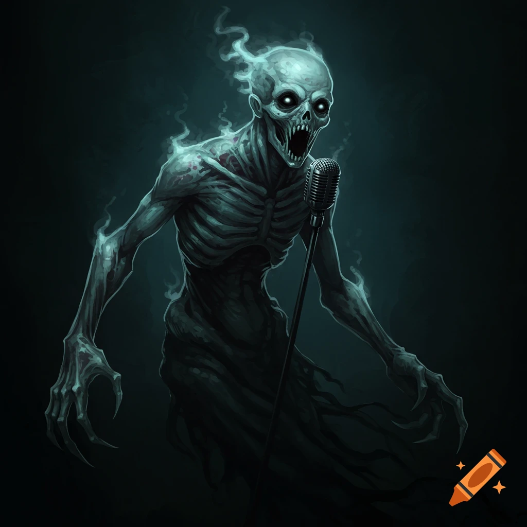 Skeletal monster singing into a vintage microphone in a dark setting.