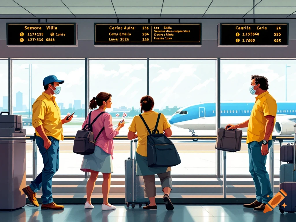 People stand in an airport terminal looking out at an airplane, with flight boards overhead. Illustration style.