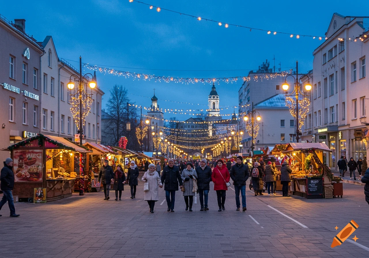 A festive evening street market with people walking among stalls decorated with lights in a city square.