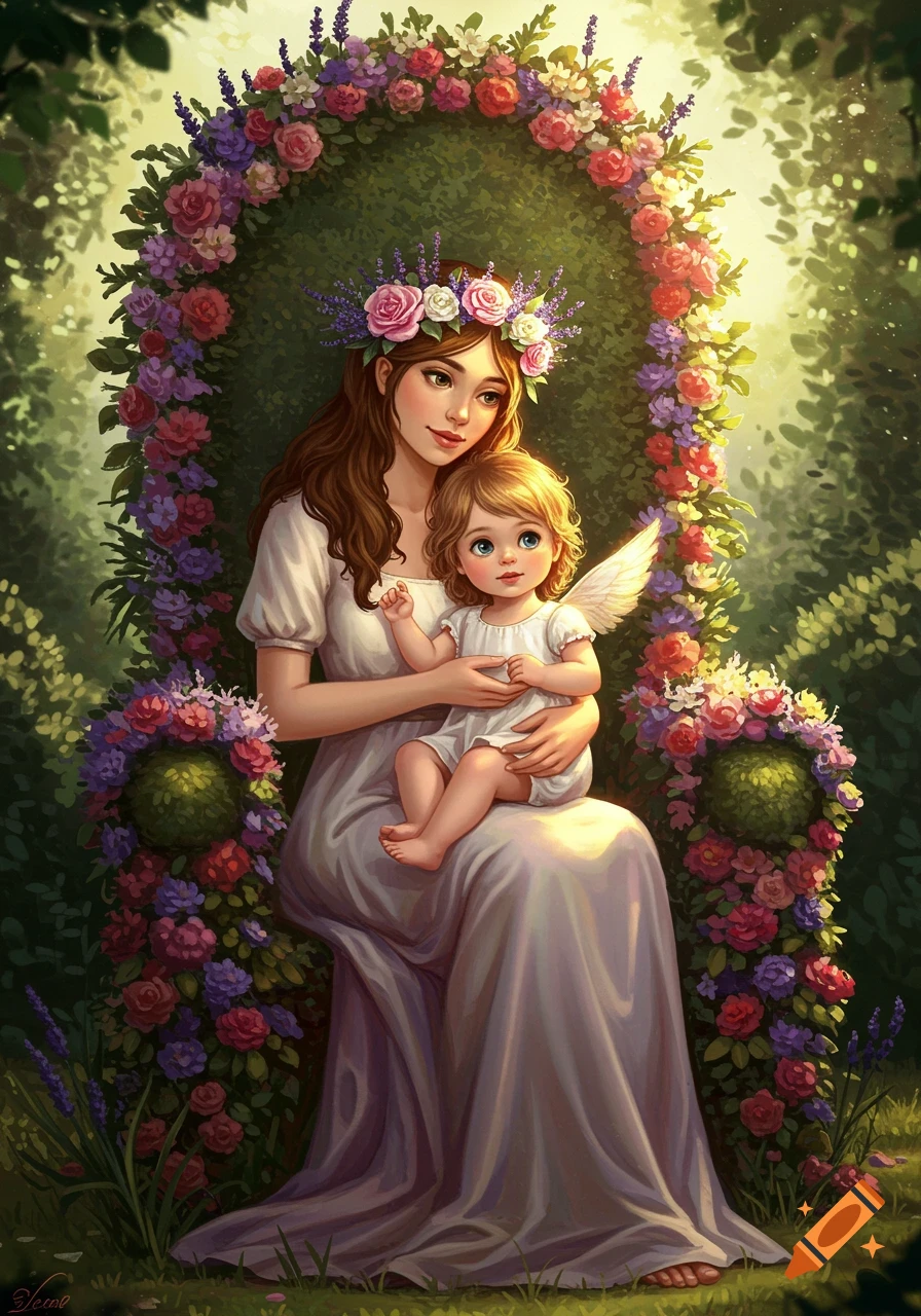 A mother holds her child on a floral throne in a whimsical garden.