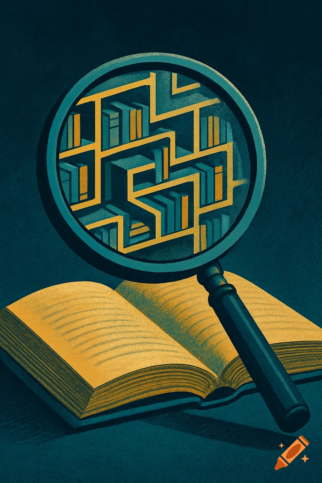 An illustration of a magnifying glass over an open book; inside the lens is a maze made of bookshelves in teal, yellow, and navy blue.