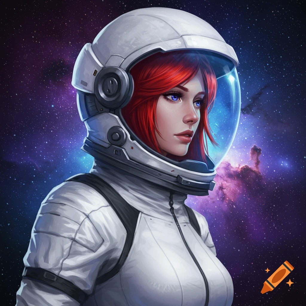 A red-haired woman in a spacesuit is set against a starry space background.
