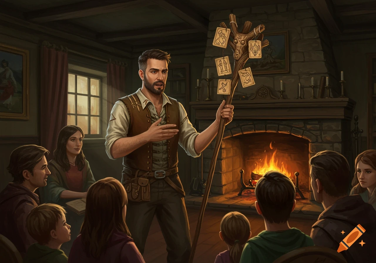 A man holding a staff with cards tells stories to a seated audience by a fireplace in a room.