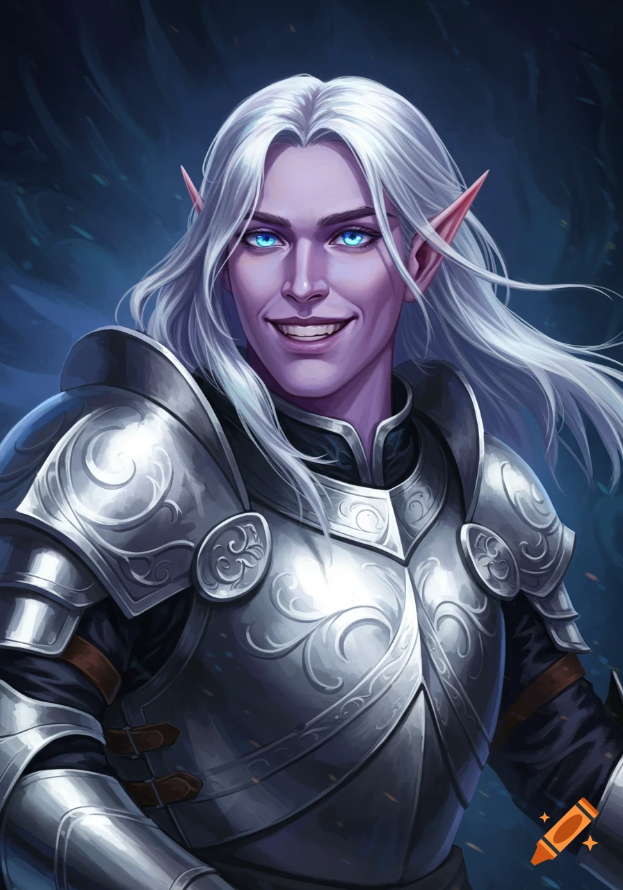 A smiling elven man with white hair and blue eyes, wearing ornate silver armor.