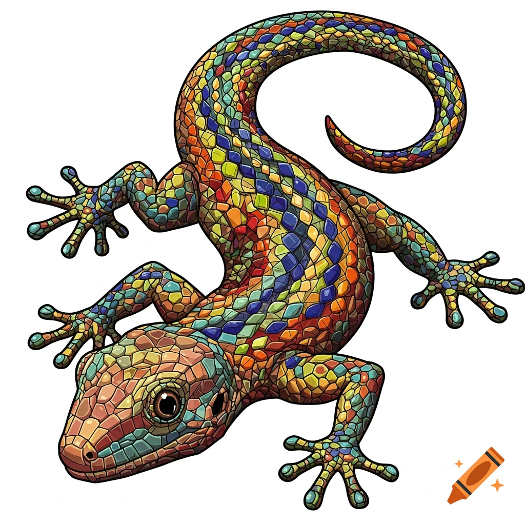 A colourful lizard with scales in a mosaic style.