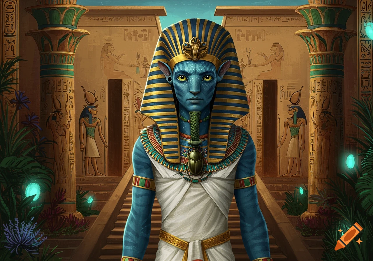 A blue-skinned figure resembling a Na'vi dressed as an Egyptian Pharaoh in front of a temple.