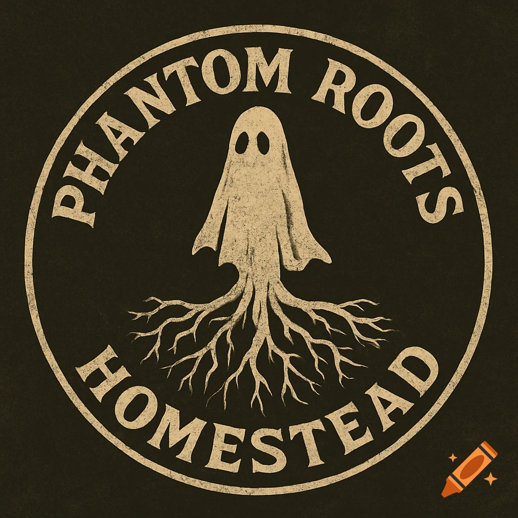 Vintage logo of a ghost with roots, encircled by the text 'Phantom Roots Homestead'.