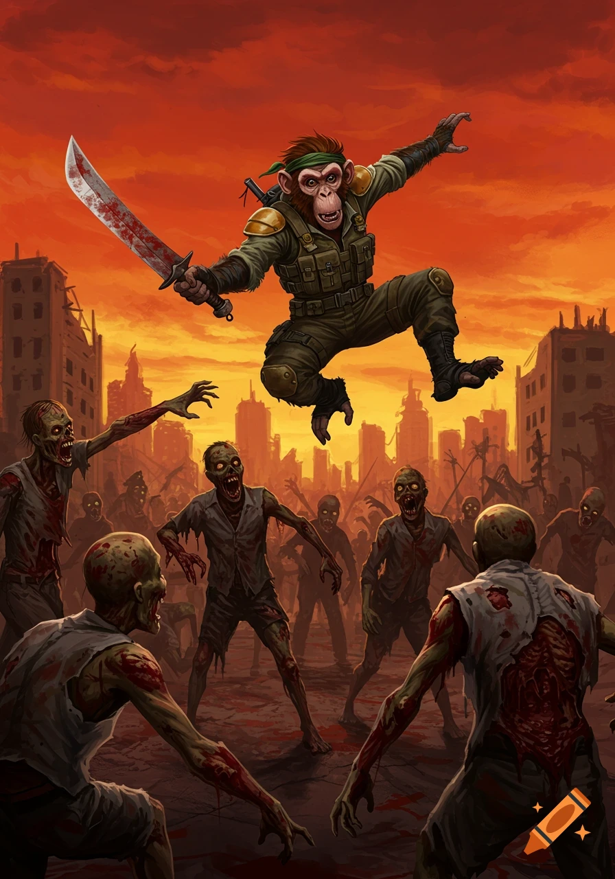 A soldier monkey jumps with a bloody sword, fighting zombies in a ruined city.