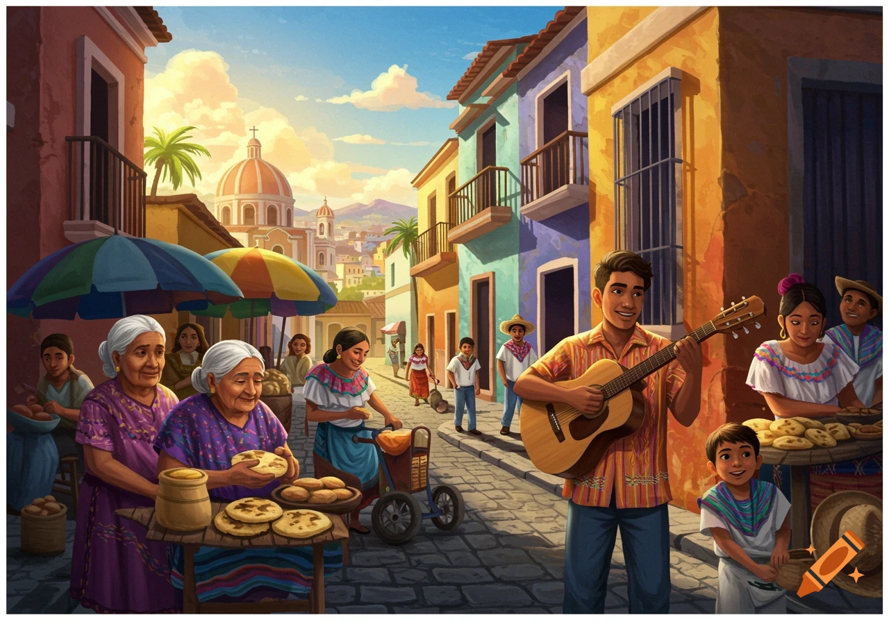 Vibrant image of a bustling marketplace scene with vendors, a musician playing guitar, and people in colorful clothes.