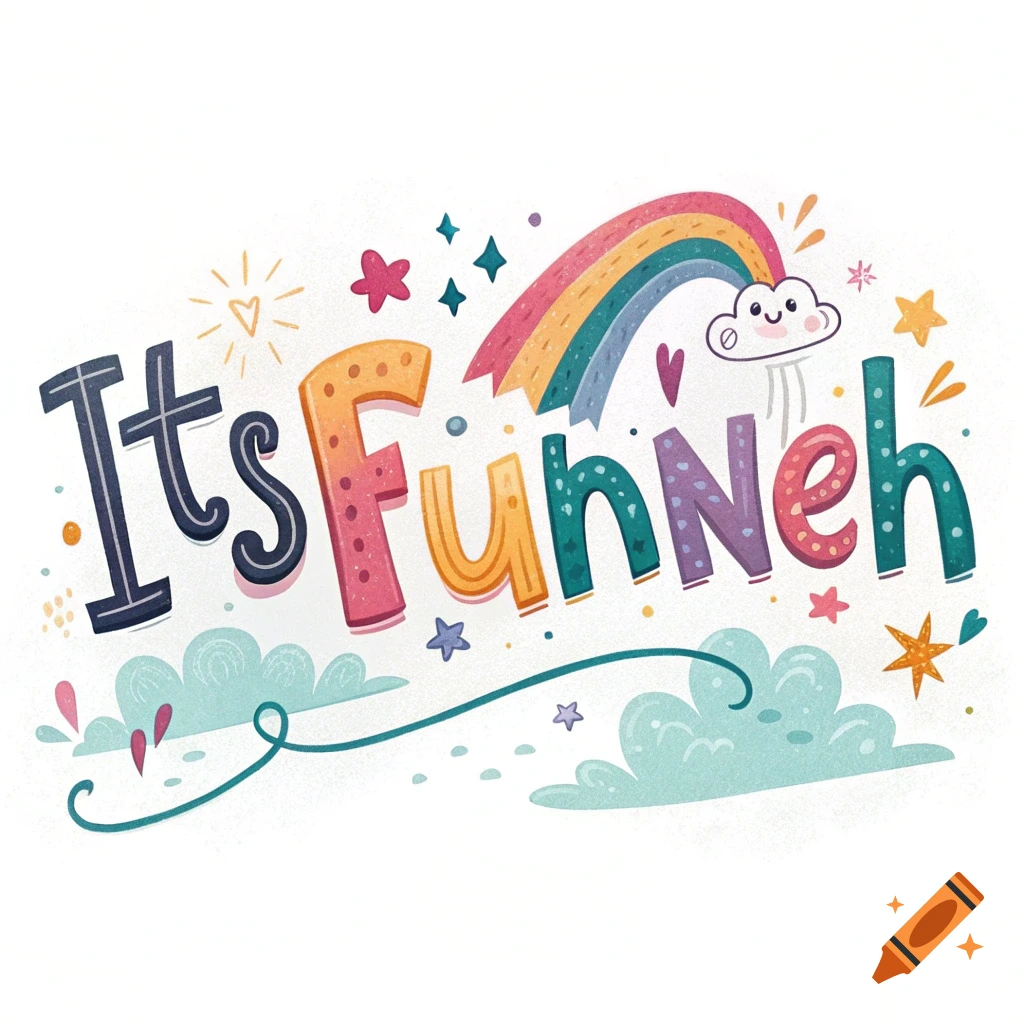 Colorful illustration of the text 'ItsFunneh' with a rainbow, clouds, and stars.