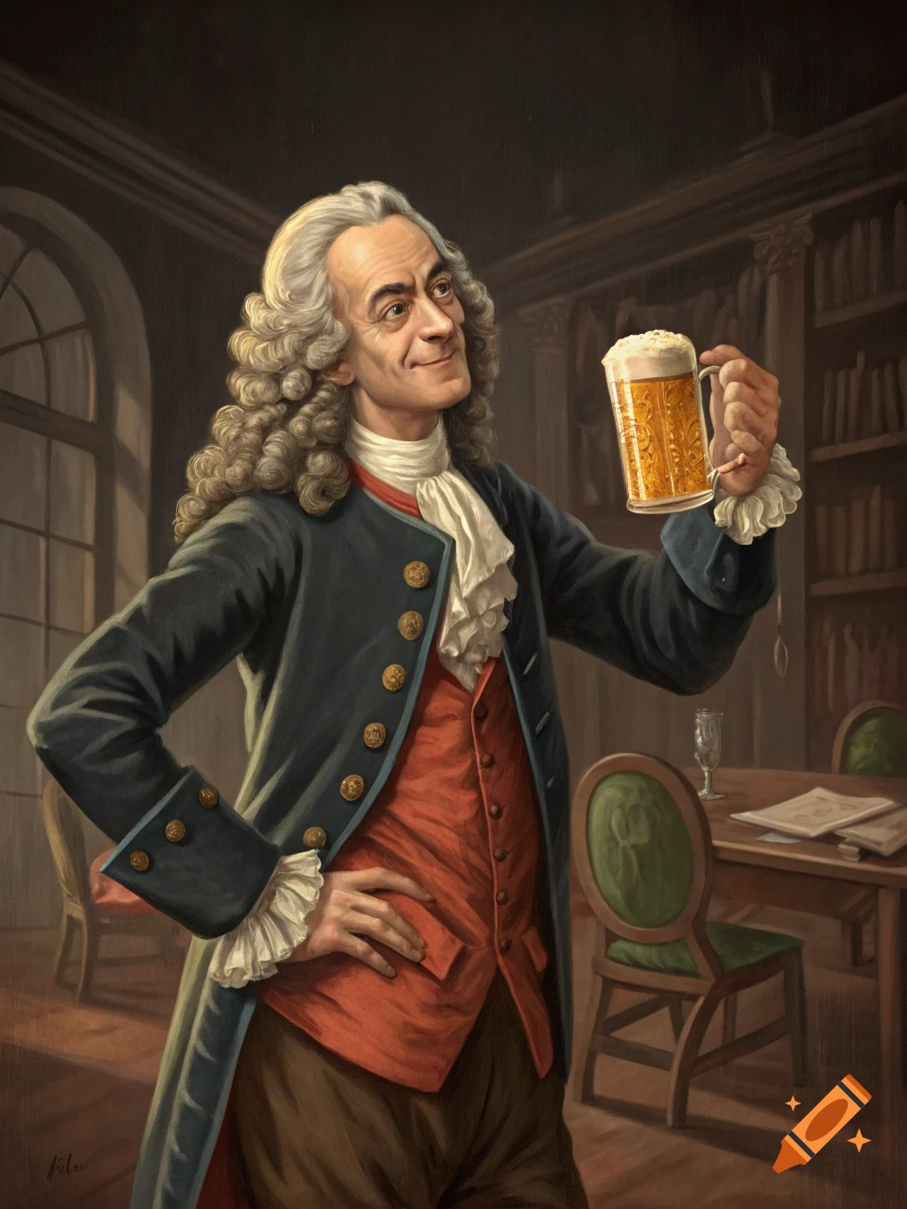 Painting of Voltaire in historical dress holding up a beer mug in a library.