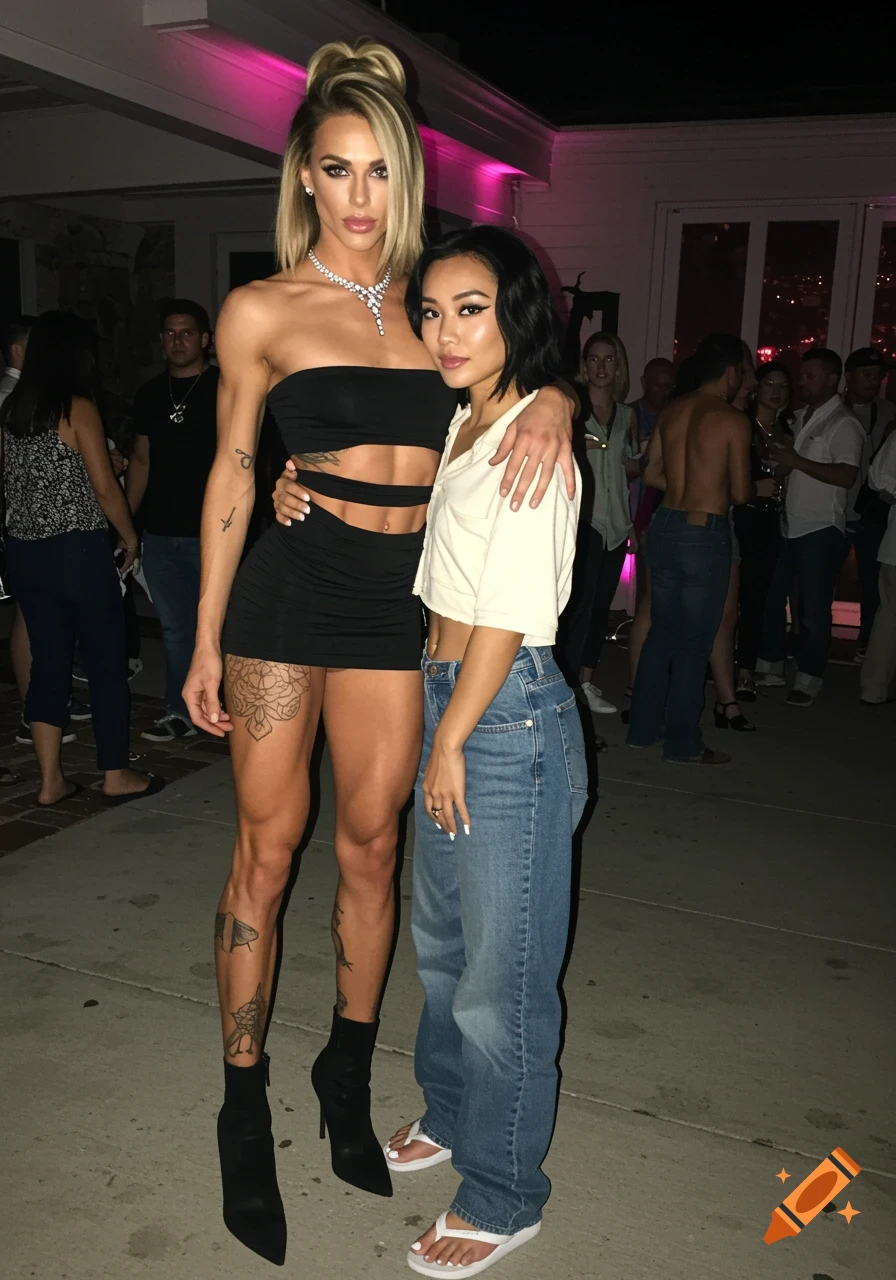 Two women pose for a photo at a party. One tall woman in a black dress and heels stands with her arm around a shorter woman in a white shirt and jeans.