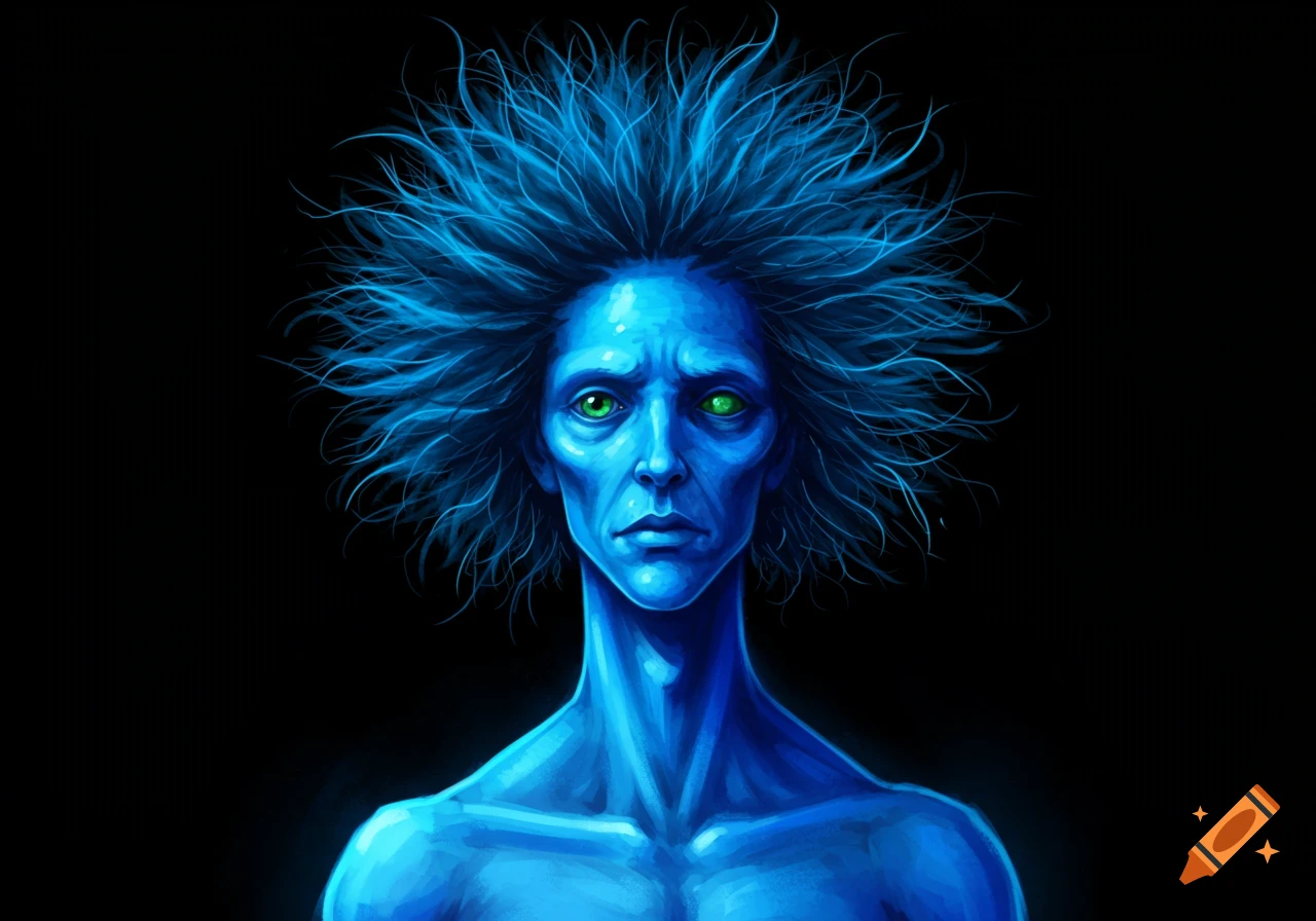 A figure with blue skin, wild blue hair, and green eyes against a black background.