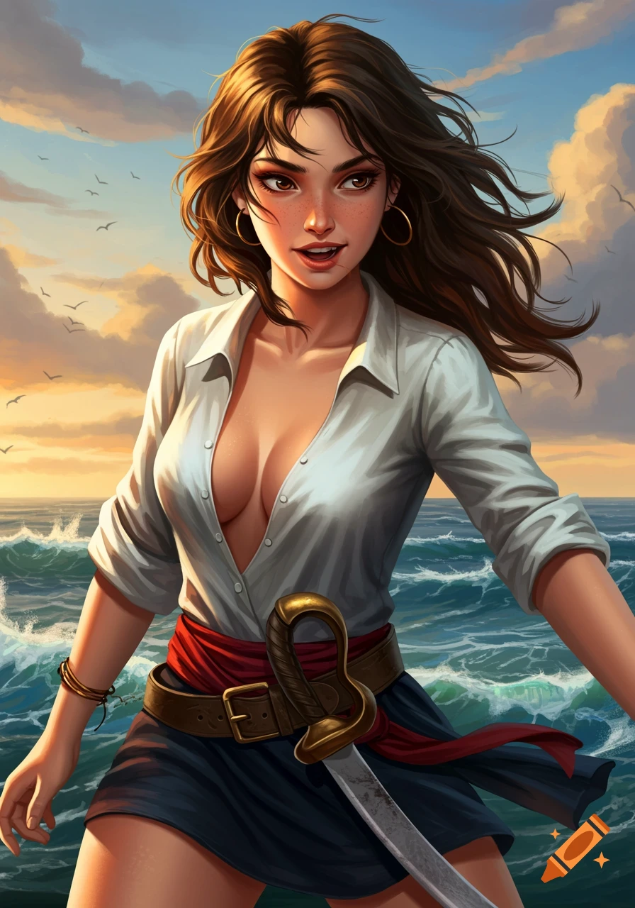 A woman pirate stands on a ship at sea at sunset, holding a cutlass. She is wearing an open white shirt and a dark skirt.