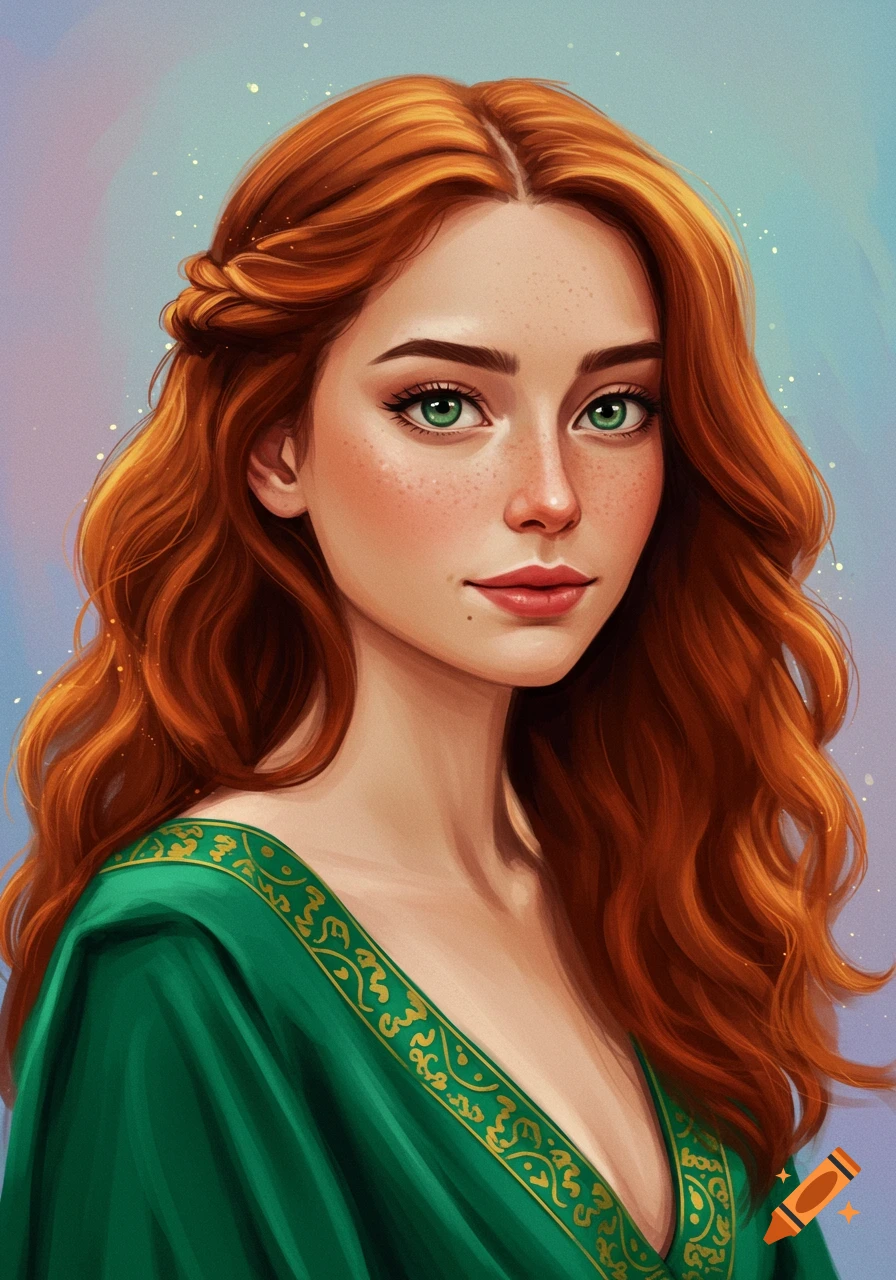 Portrait of a woman with long red hair and green eyes wearing a green dress.