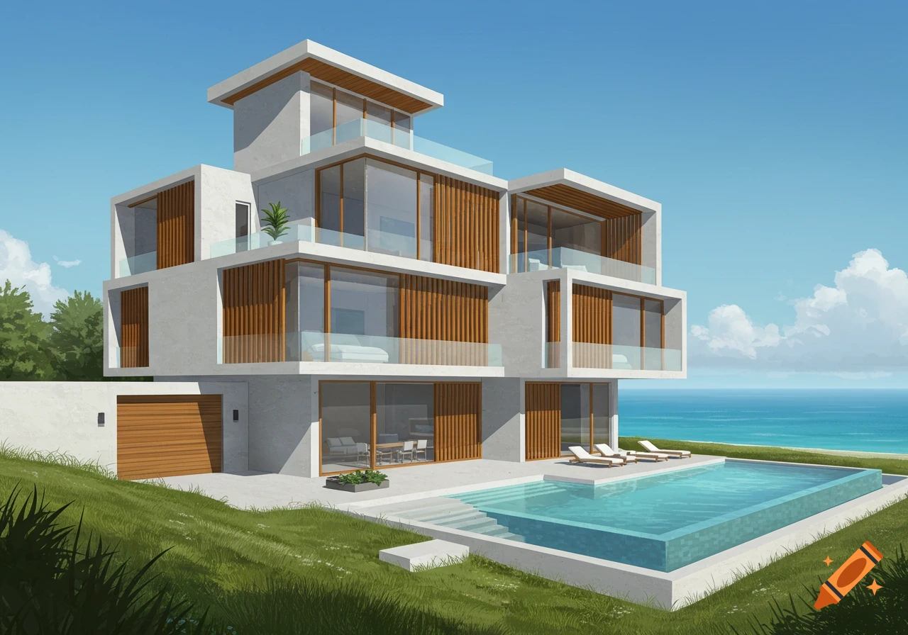 A modern minimalist beach house with pool overlooking the ocean