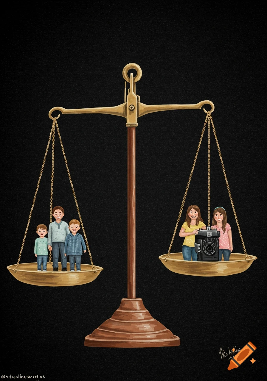 A balance scale weighing family against two people with a camera.