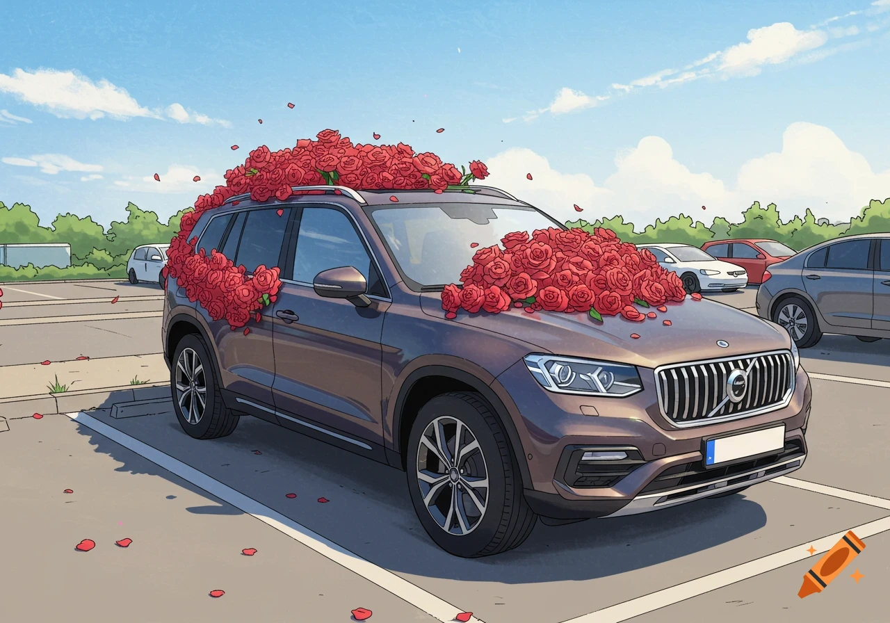 A car decorated with red roses in a parking lot, in a comic book style.