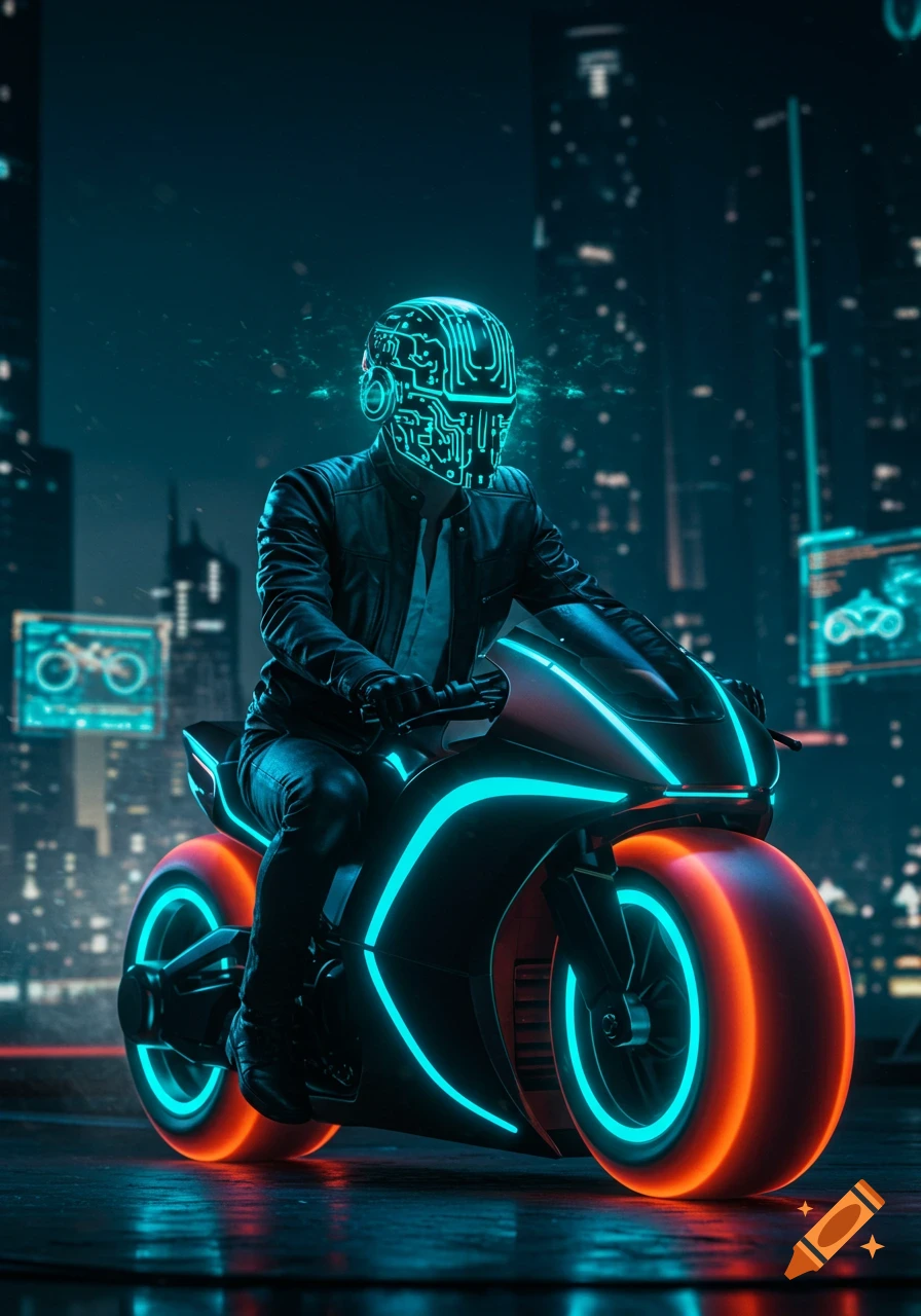 Person with circuit helmet rides neon futuristic motorcycle in city